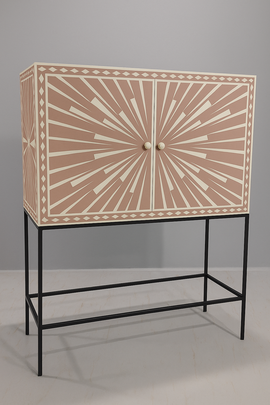 Bone Inlay Sunburst Bar Cabinet – Blush & Ivory