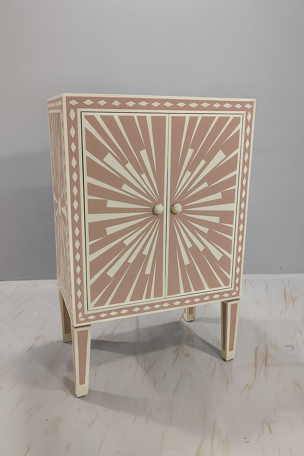 Bone Inlay Sunburst Bar Cabinet – Blush & Ivory