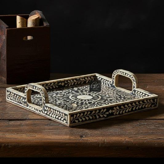 Black Bone Inlay Tray with Handle: Floral Pattern Wooden Serving Tray
