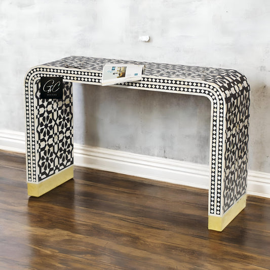 Black Moroccan Bone Inlay Console Table: U-Shape Entryway Furniture