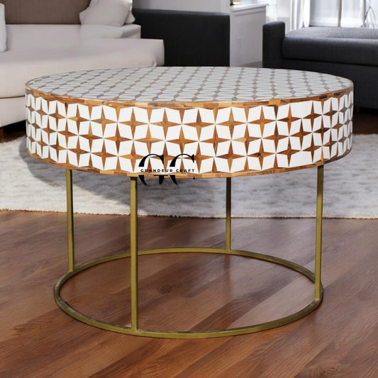 Acacia Wood Coffee Table: Handmade Star Inlay, Metal Stand