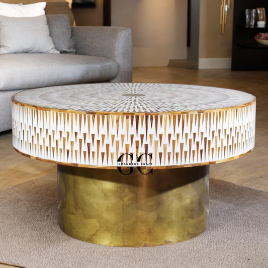 Acacia Wood Coffee Table: White Waterfall Pattern, Elegant Design